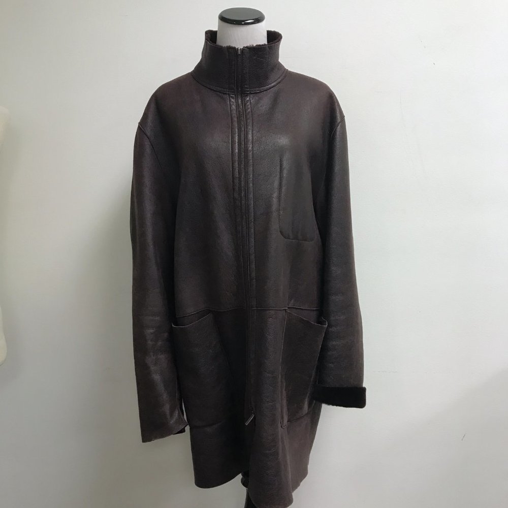 JIL SANDER  brown SHEARLING LEATHER ZIP JACKET coat e52 XL
